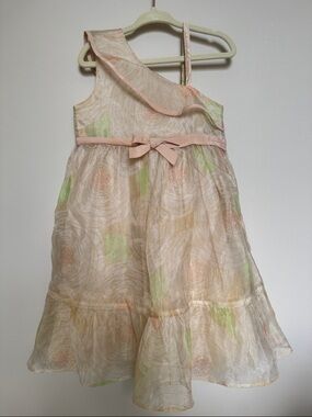 Girls' Peach Floral One-Shoulder Party Dress with Bow